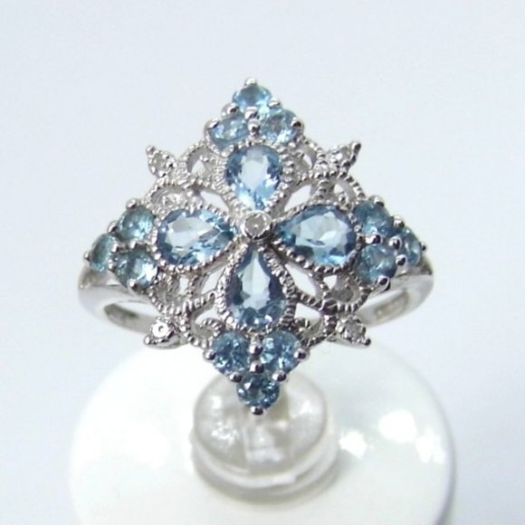 1.20ct Blue TOPAZ & Diamond 10K Gold Flower Ring - Picture 5 of 9